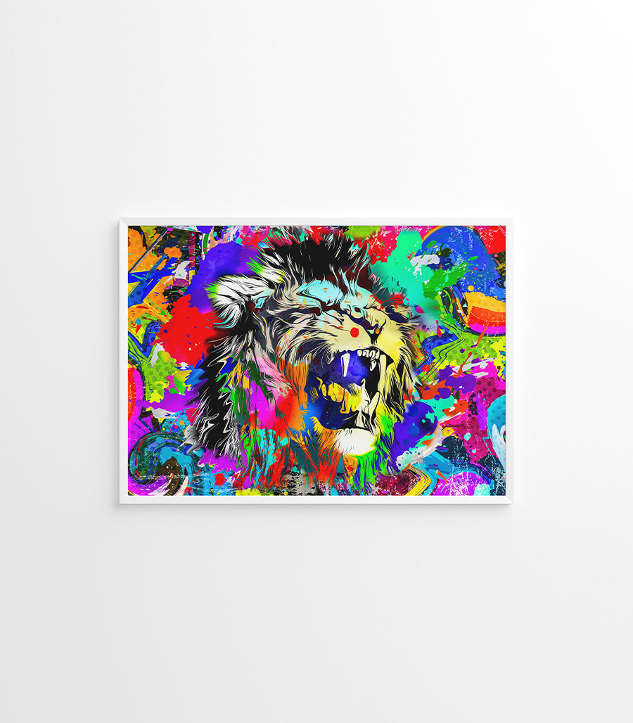 Tableau Décoratif Pop Art Animaux - Lion Rugissant en Impression sur Velours