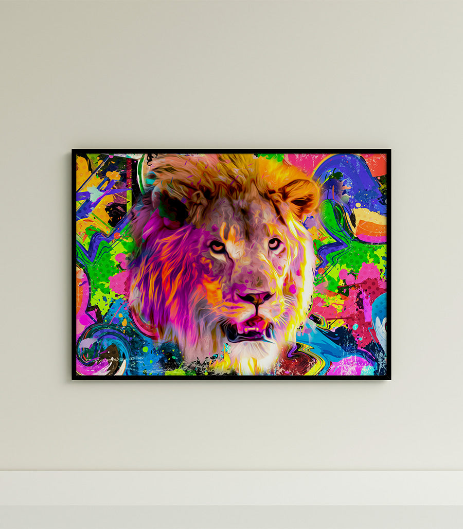 Tableau Décoratif Pop Art Animaux - Lion Coloré en Impression sur Velours