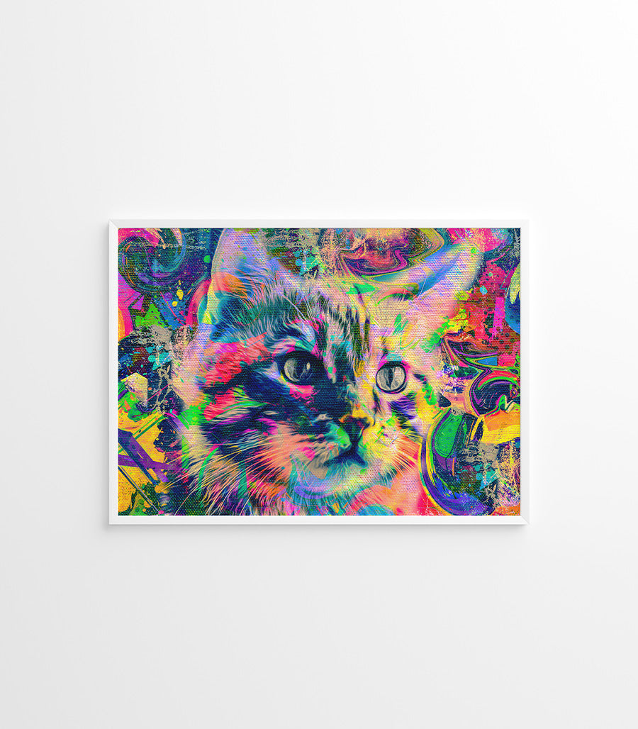 Tableau Décoratif Pop Art Animaux - Chat Coloré en Impression sur Velours