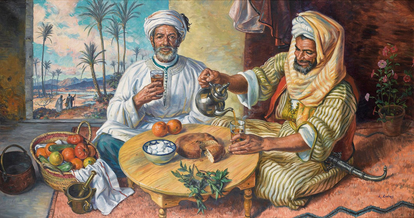 TABLEAU Décoratif de Convivialité Marocaine sous Les Palmiers