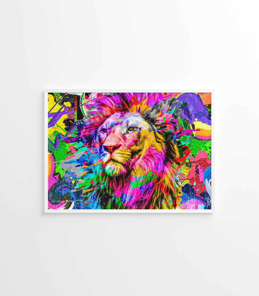 Tableau Décoratif Pop Art Animaux - Lion Majestueux et Coloré en Impression sur Velours