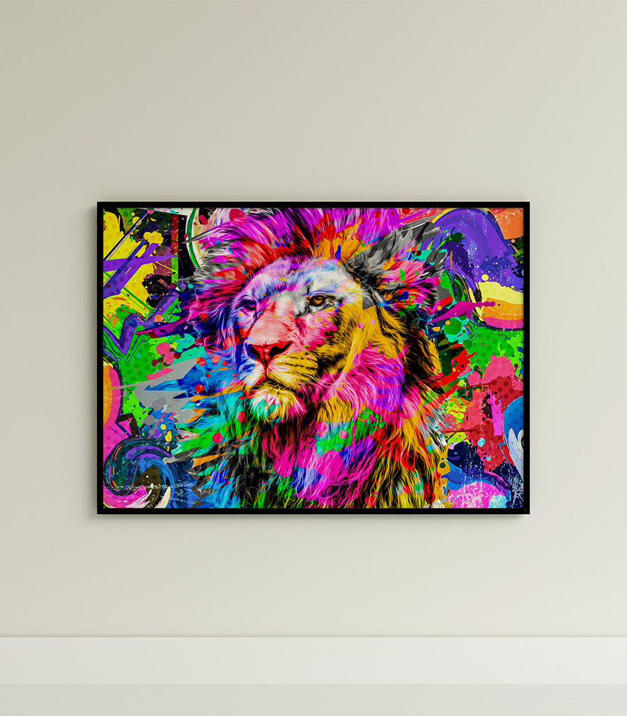 Tableau Décoratif Pop Art Animaux - Lion Majestueux et Coloré en Impression sur Velours