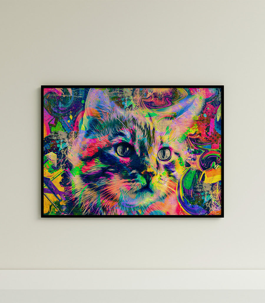 Tableau Décoratif Pop Art Animaux - Chat Coloré en Impression sur Velours