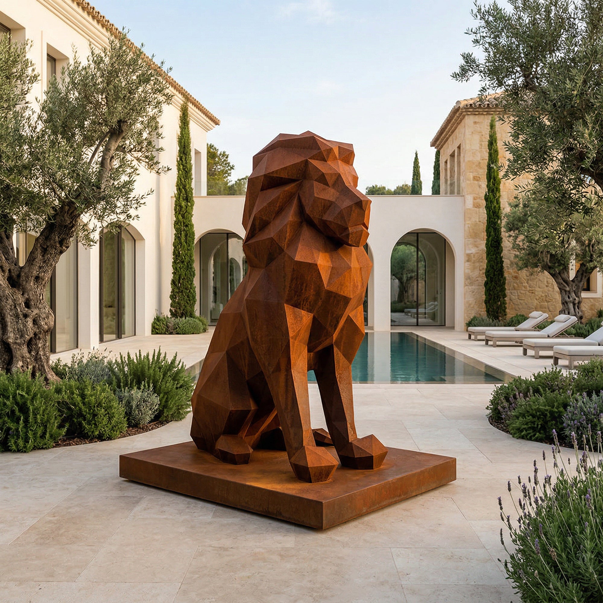 Sculpture Lion Polygone En Corten