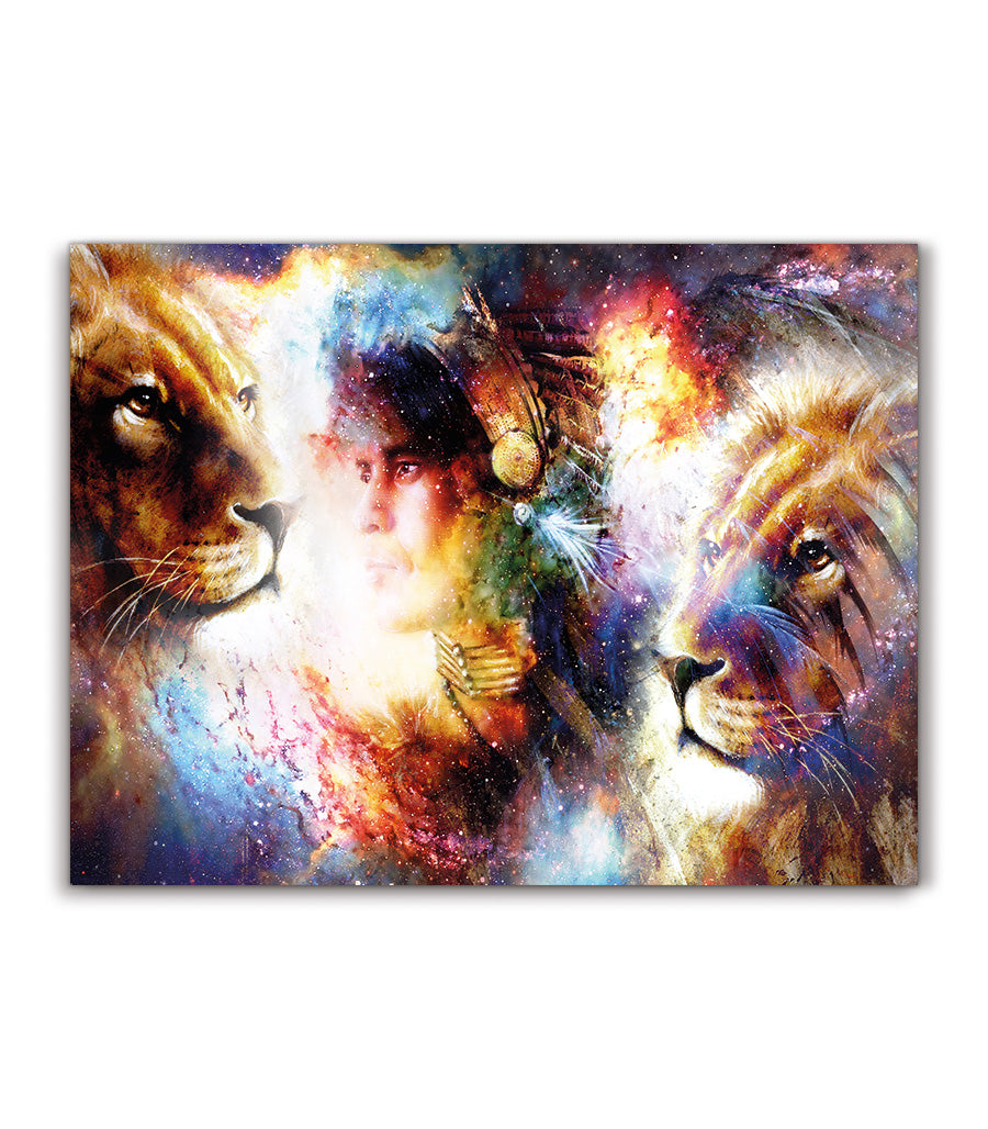 Tableau Décoratif Holistique Lions et Guerrier Spirituel - Design 3D en Impression sur Velours