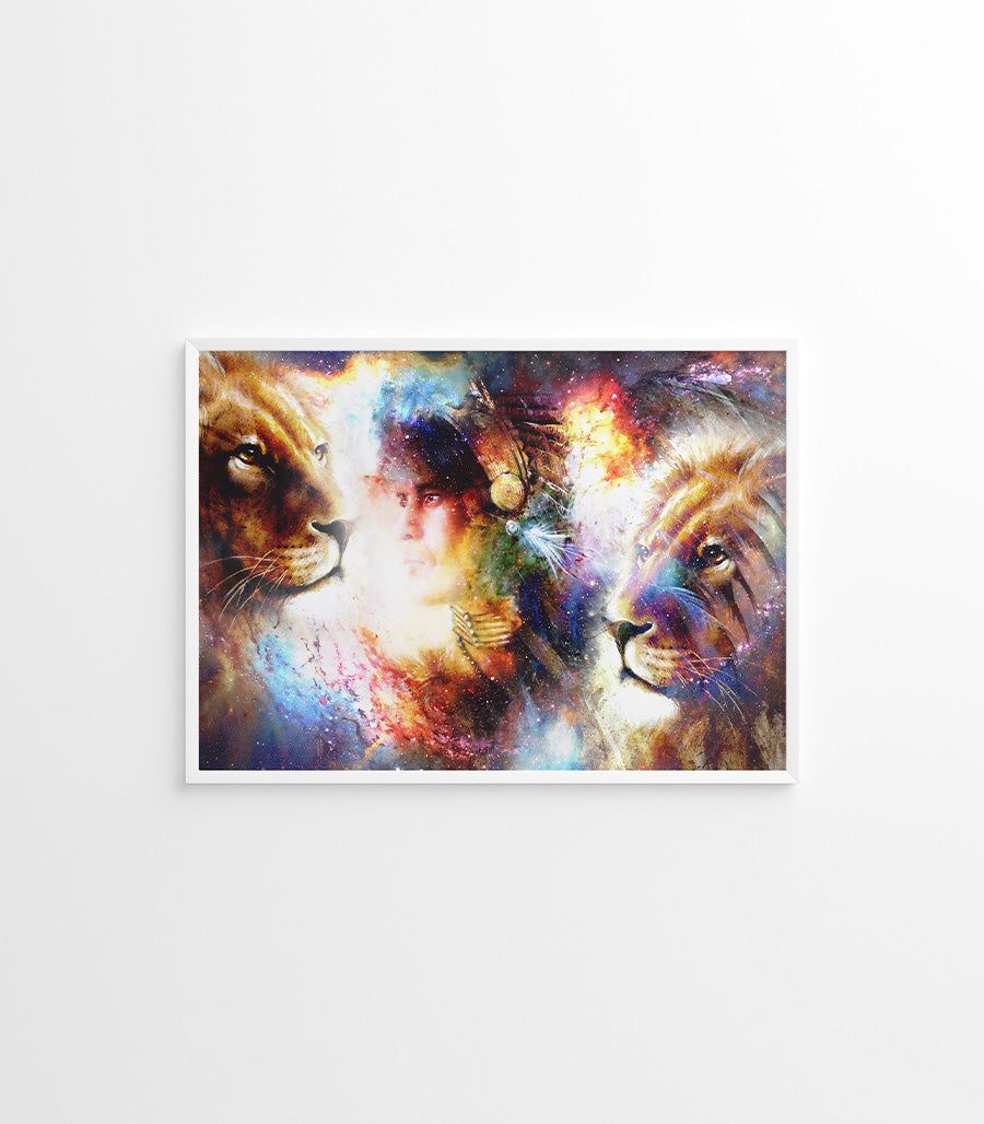 Tableau Décoratif Holistique Lions et Guerrier Spirituel - Design 3D en Impression sur Velours