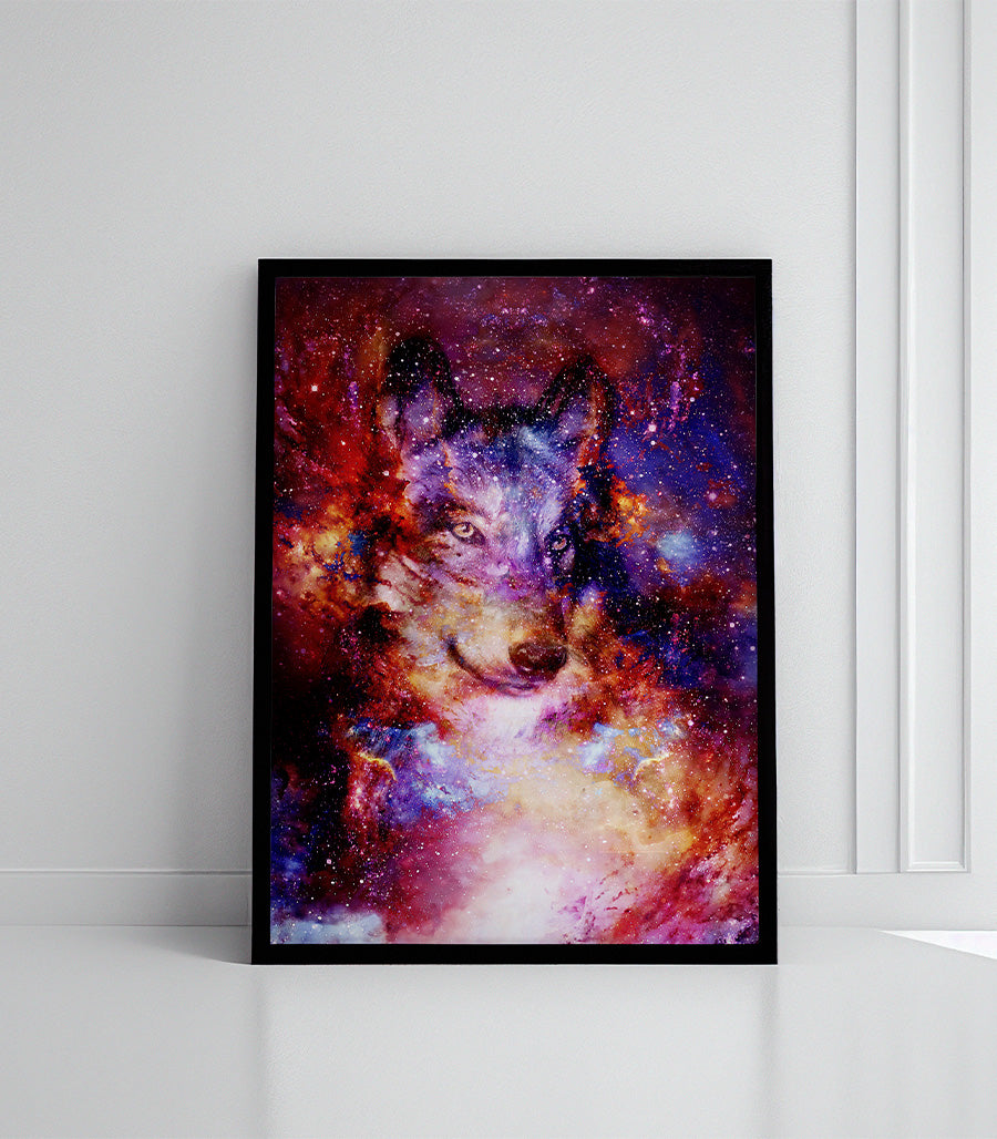 Tableau Décoratif Holistique Loup Galactique - Design 3D en Impression sur Velours