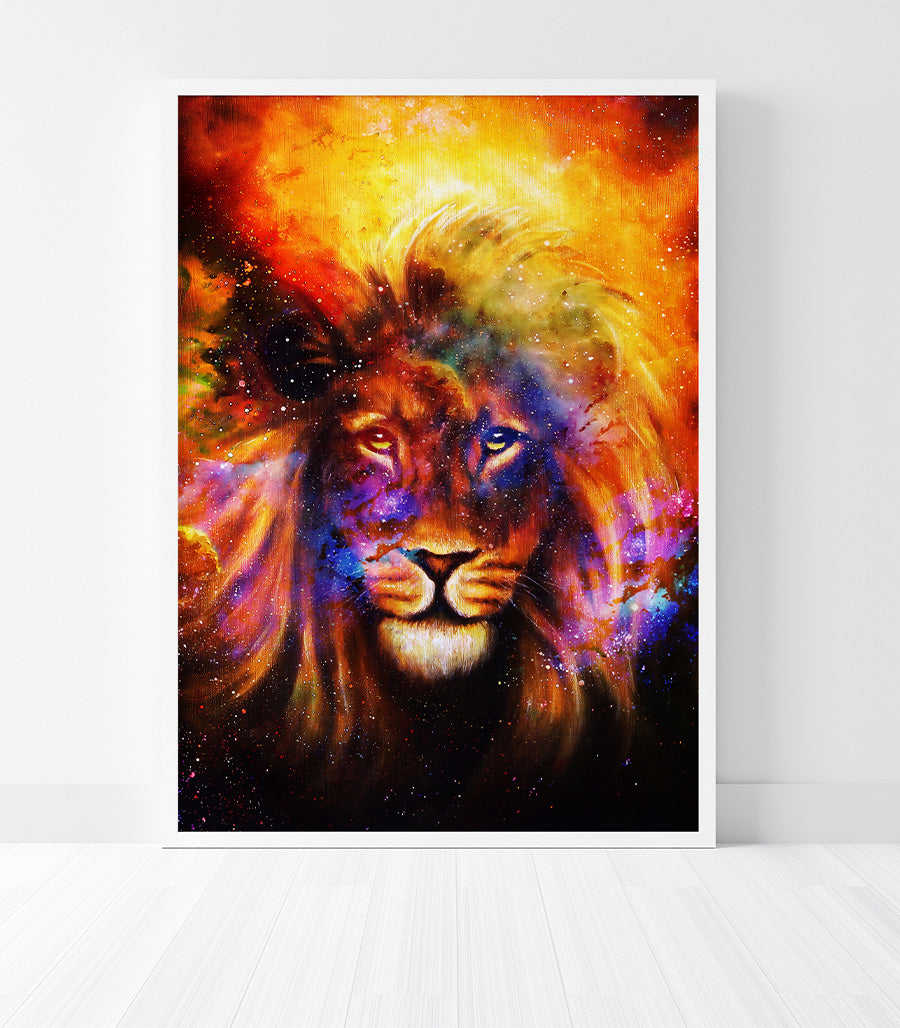 Tableau Décoratif Holistique Lion Cosmique - Design 3D en Impression sur Velours