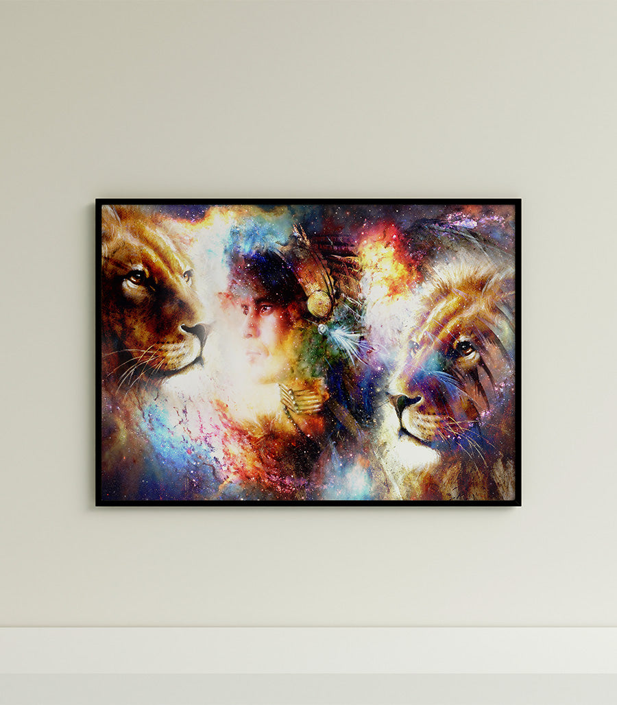 Tableau Décoratif Holistique Lions et Guerrier Spirituel - Design 3D en Impression sur Velours