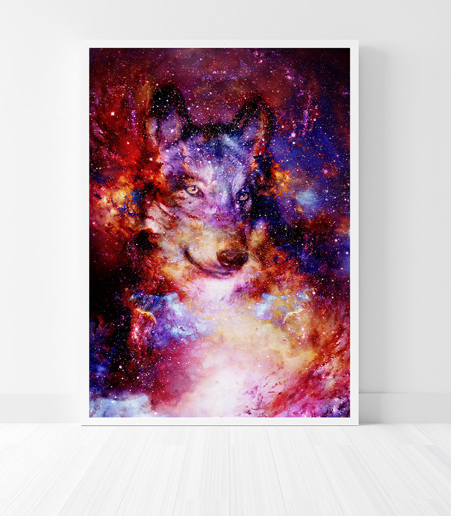 Tableau Décoratif Holistique Loup Galactique - Design 3D en Impression sur Velours