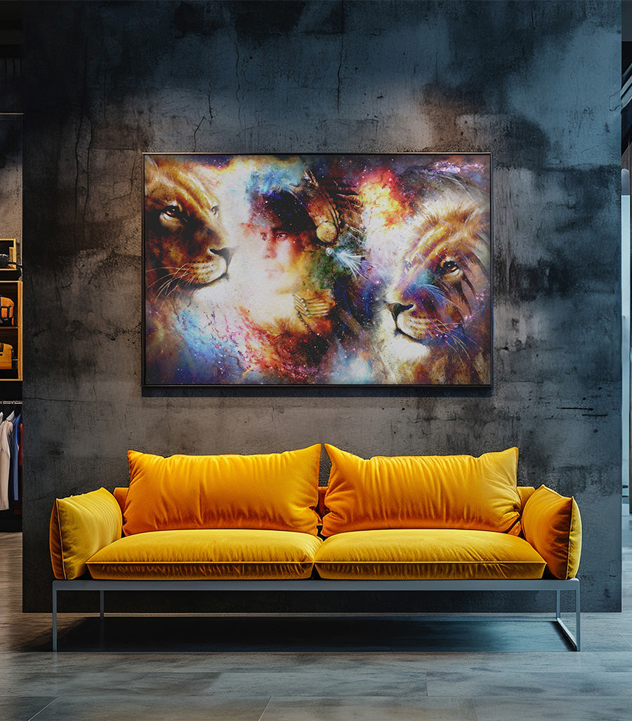 Tableau Décoratif Holistique Lions et Guerrier Spirituel - Design 3D en Impression sur Velours