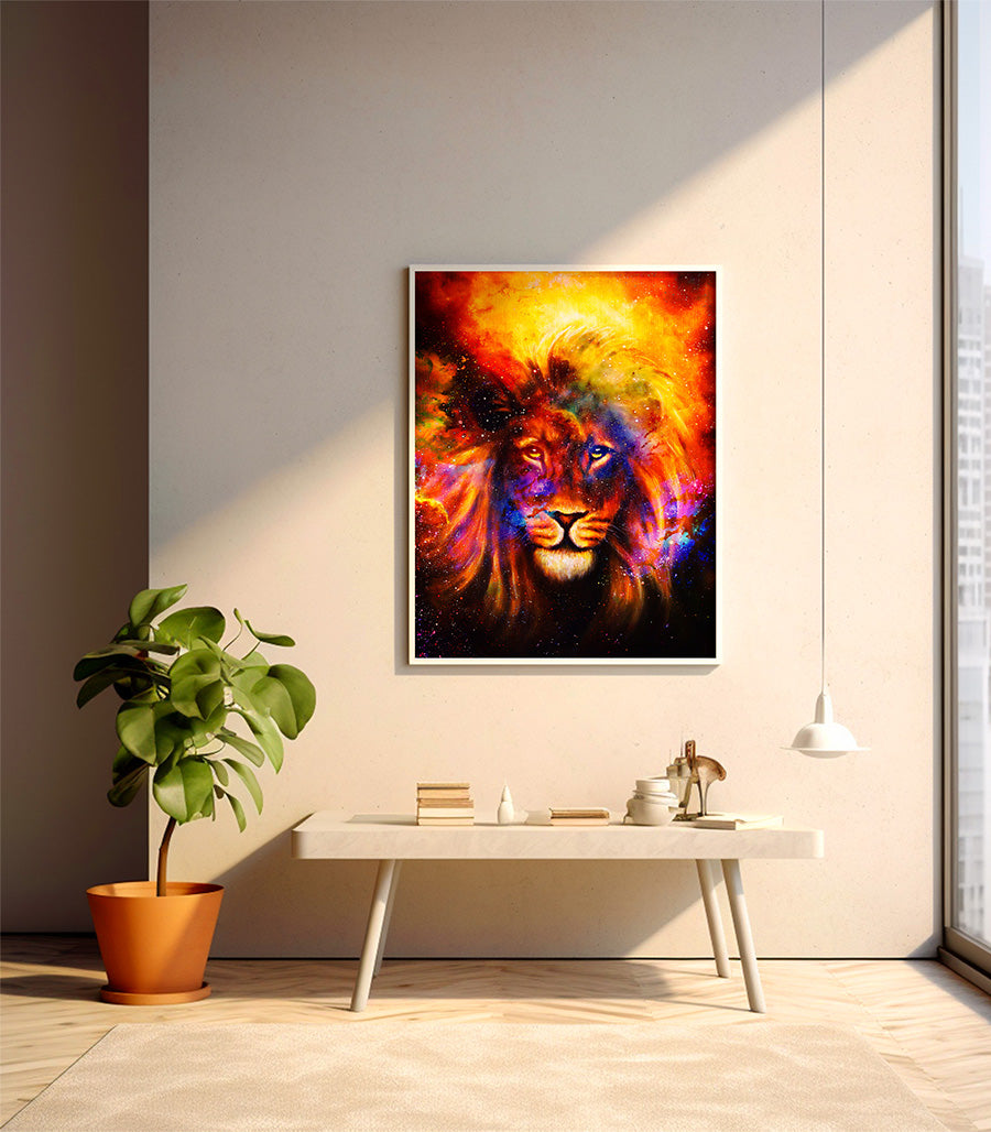 Tableau Décoratif Holistique Lion Cosmique - Design 3D en Impression sur Velours