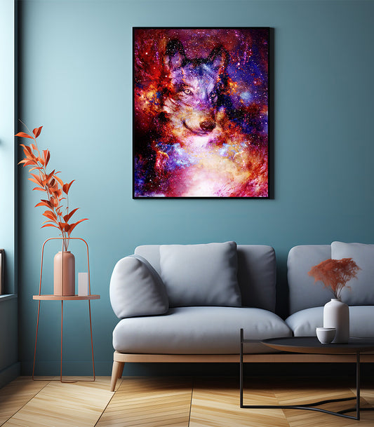 Tableau Décoratif Holistique Loup Galactique - Design 3D en Impression sur Velours