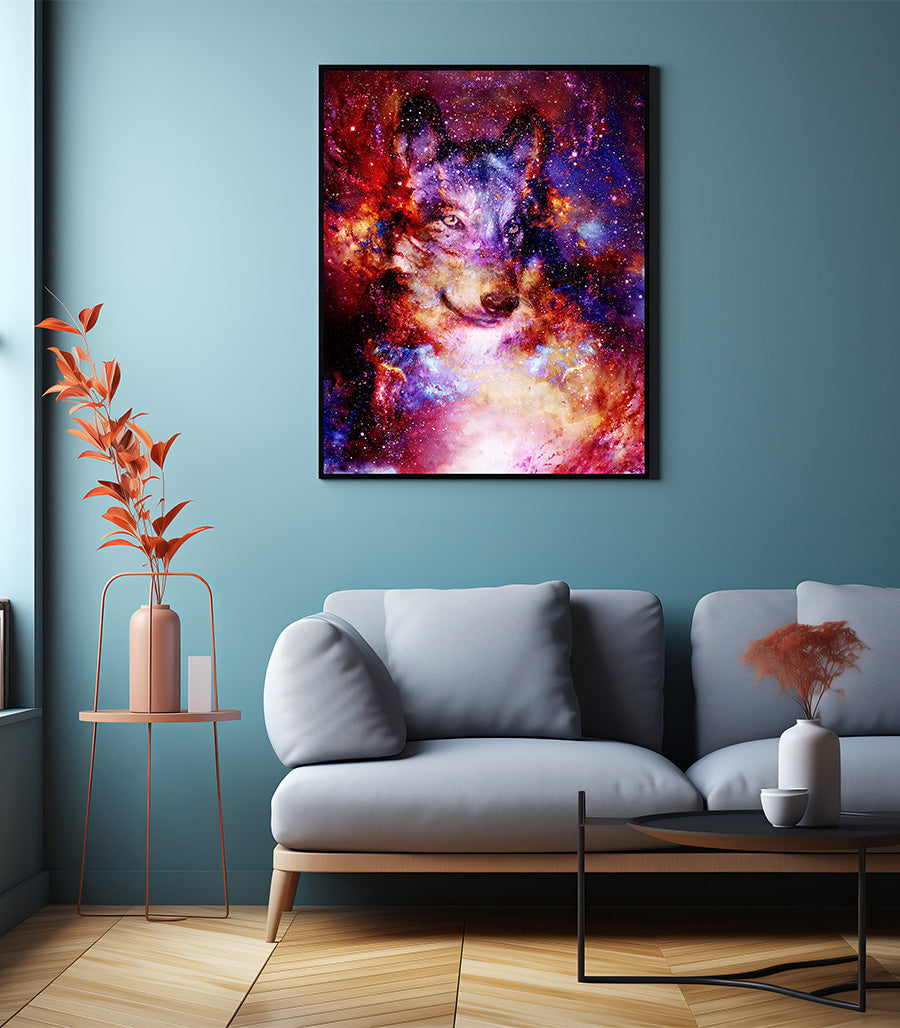 Tableau Décoratif Holistique Loup Galactique - Design 3D en Impression sur Velours