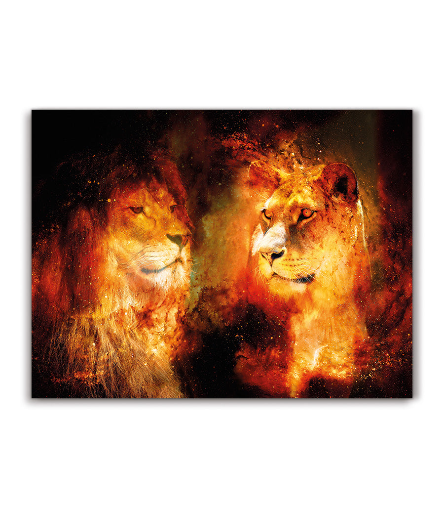Tableau Décoratif Holistique Couple de Lions Cosmiques - Design 3D en Impression sur Velours