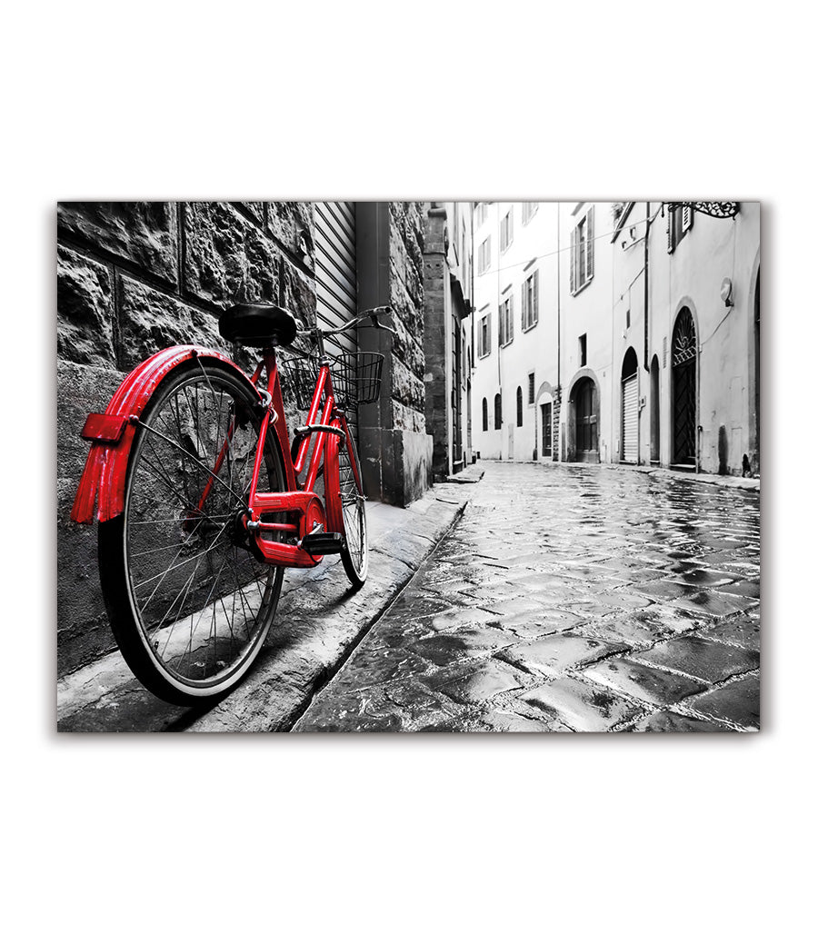 Tableau Vélo Rouge dans une Rue Pavée