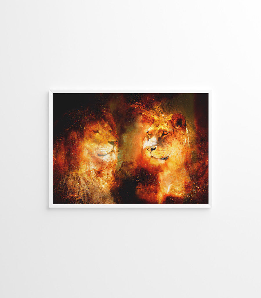 Tableau Décoratif Holistique Couple de Lions Cosmiques - Design 3D en Impression sur Velours