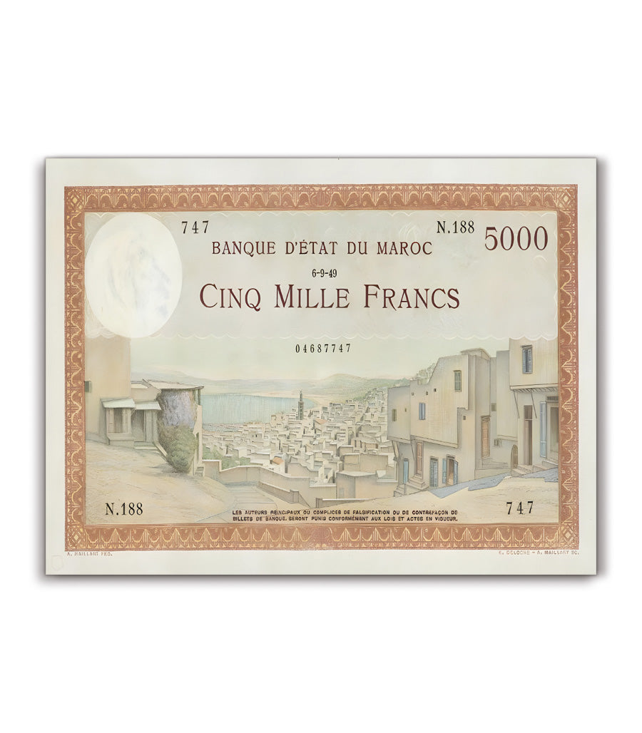 Tableau décoratif du billet historique marocain de cinq mille francs