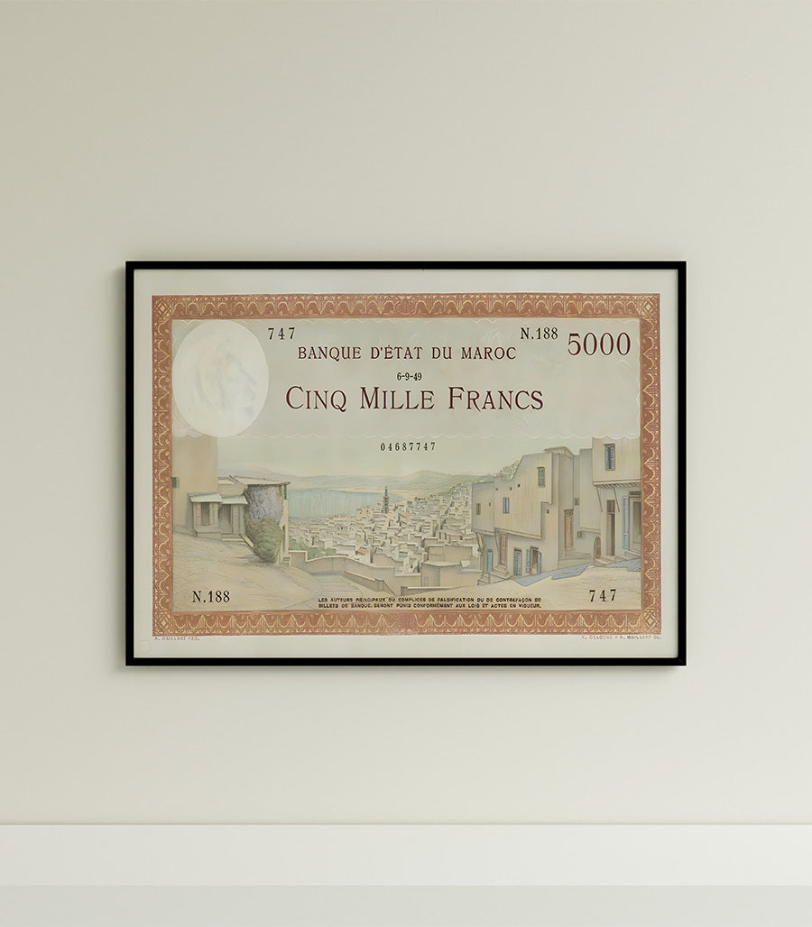 Tableau décoratif du billet historique marocain de cinq mille francs