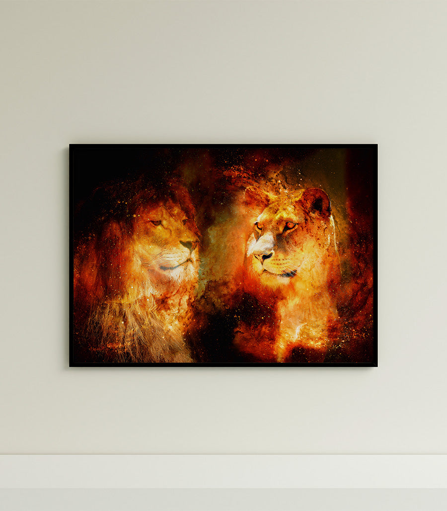 Tableau Décoratif Holistique Couple de Lions Cosmiques - Design 3D en Impression sur Velours