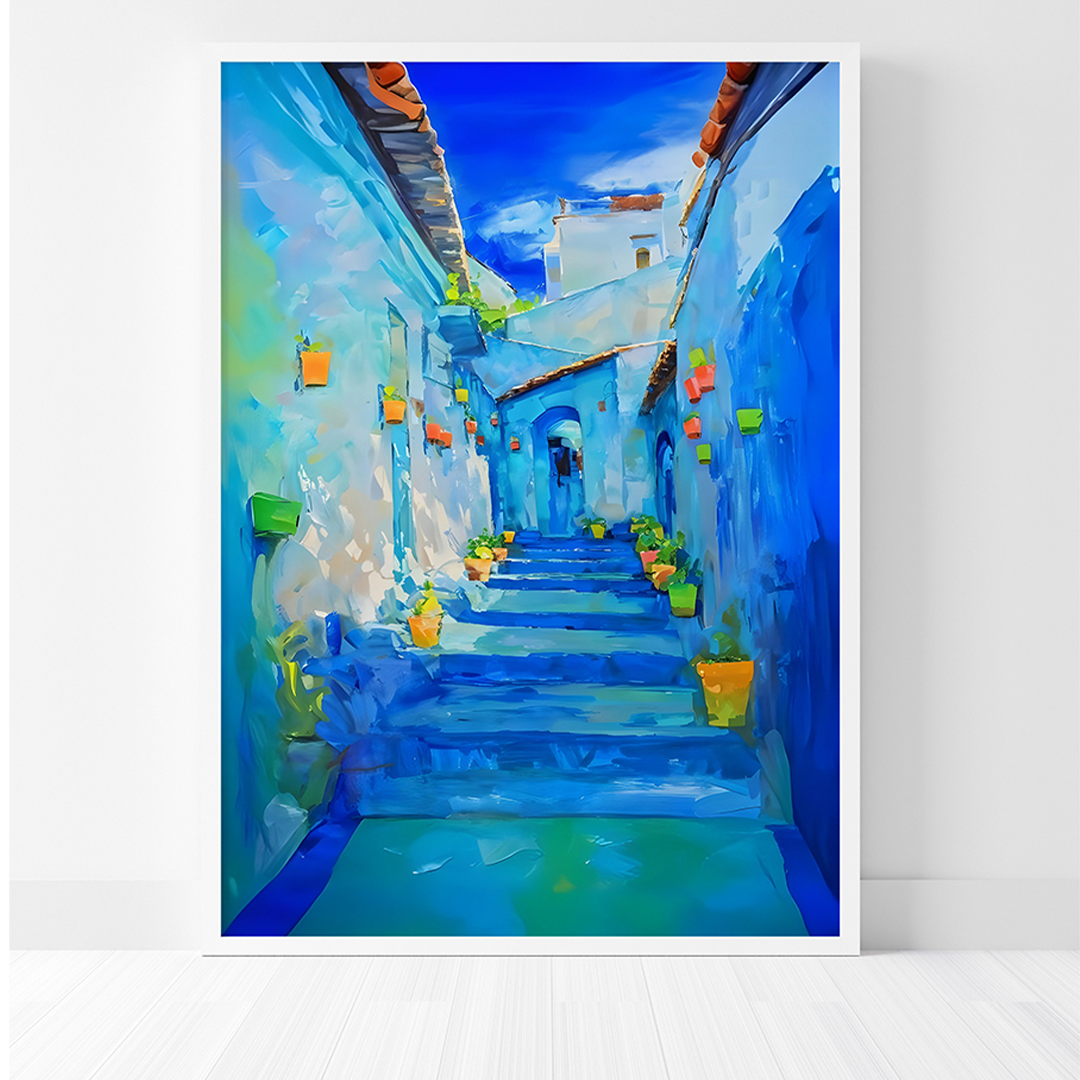 Tableau Décoratif Marocain - Azur et Ocre de Chefchaouen