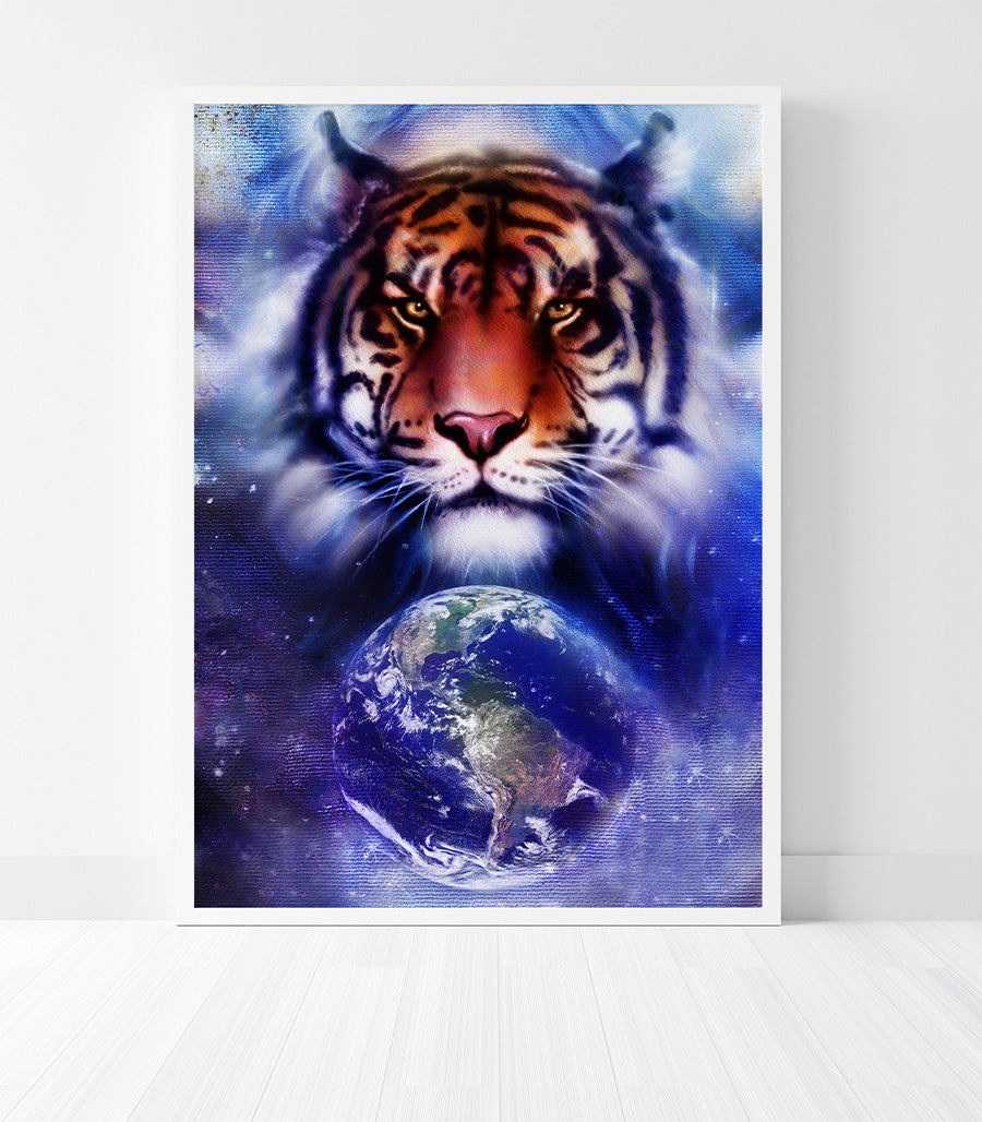 Tableau Décoratif Holistique Tigre Cosmique - Design 3D en Impression sur Velours