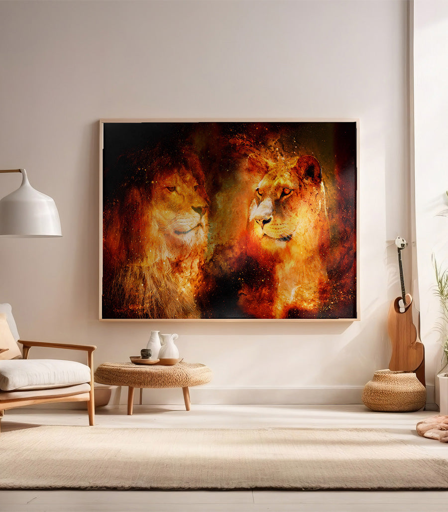 Tableau Décoratif Holistique Couple de Lions Cosmiques - Design 3D en Impression sur Velours