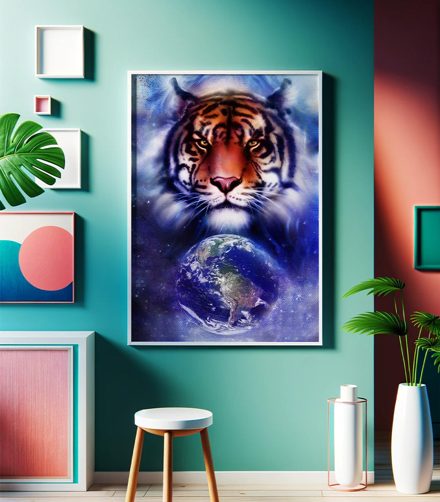 Tableau Décoratif Holistique Tigre Cosmique - Design 3D en Impression sur Velours