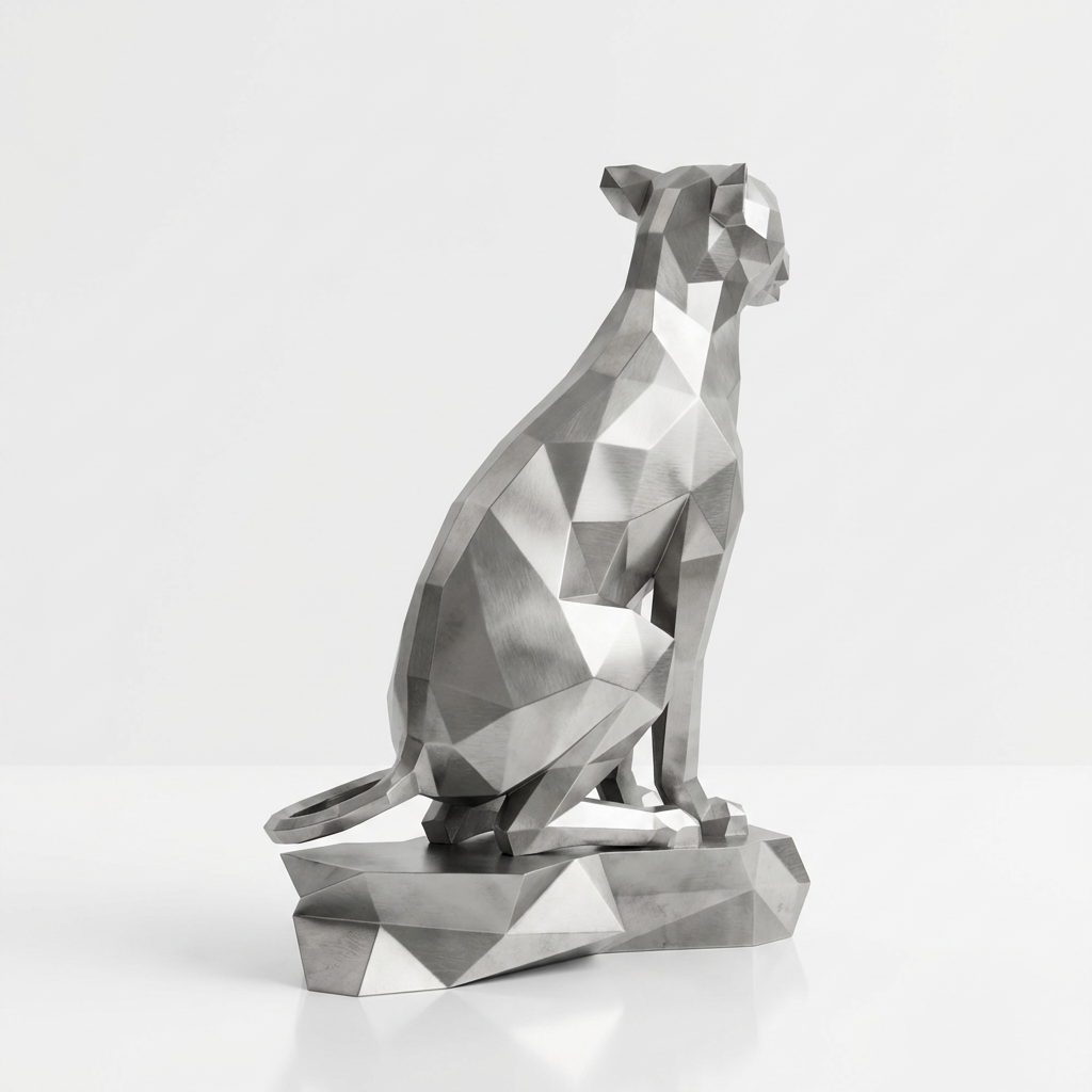 Grande Sculpture Origami Guépard Assise en Inox