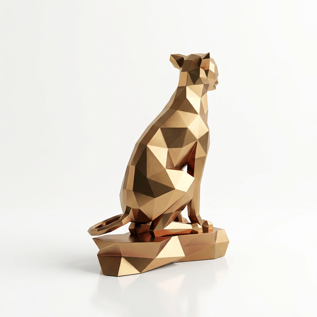 Grande Sculpture Origami Guépard Assise en Inox Effet Bronze