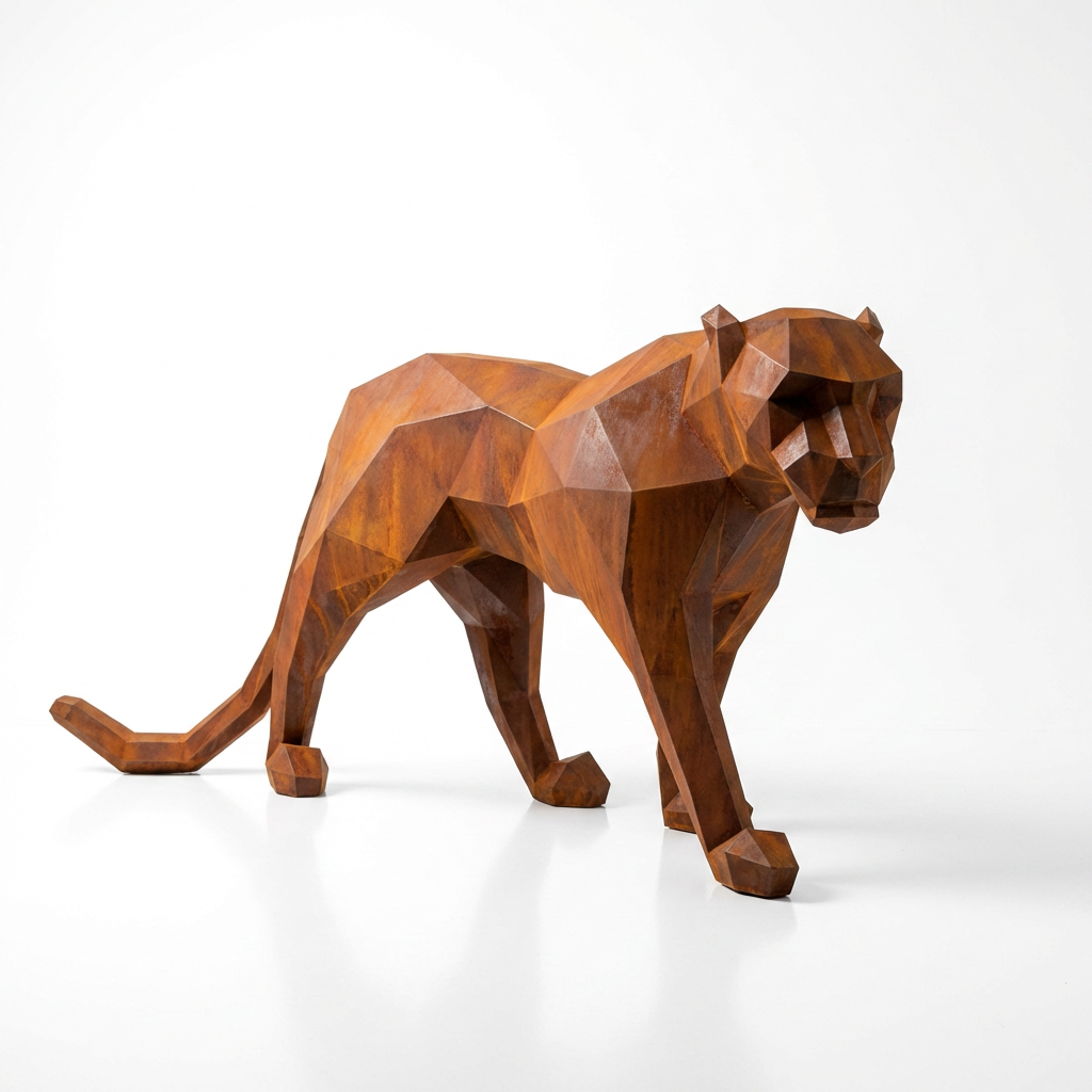 Grande Sculpture Panthère Polygone en Corten