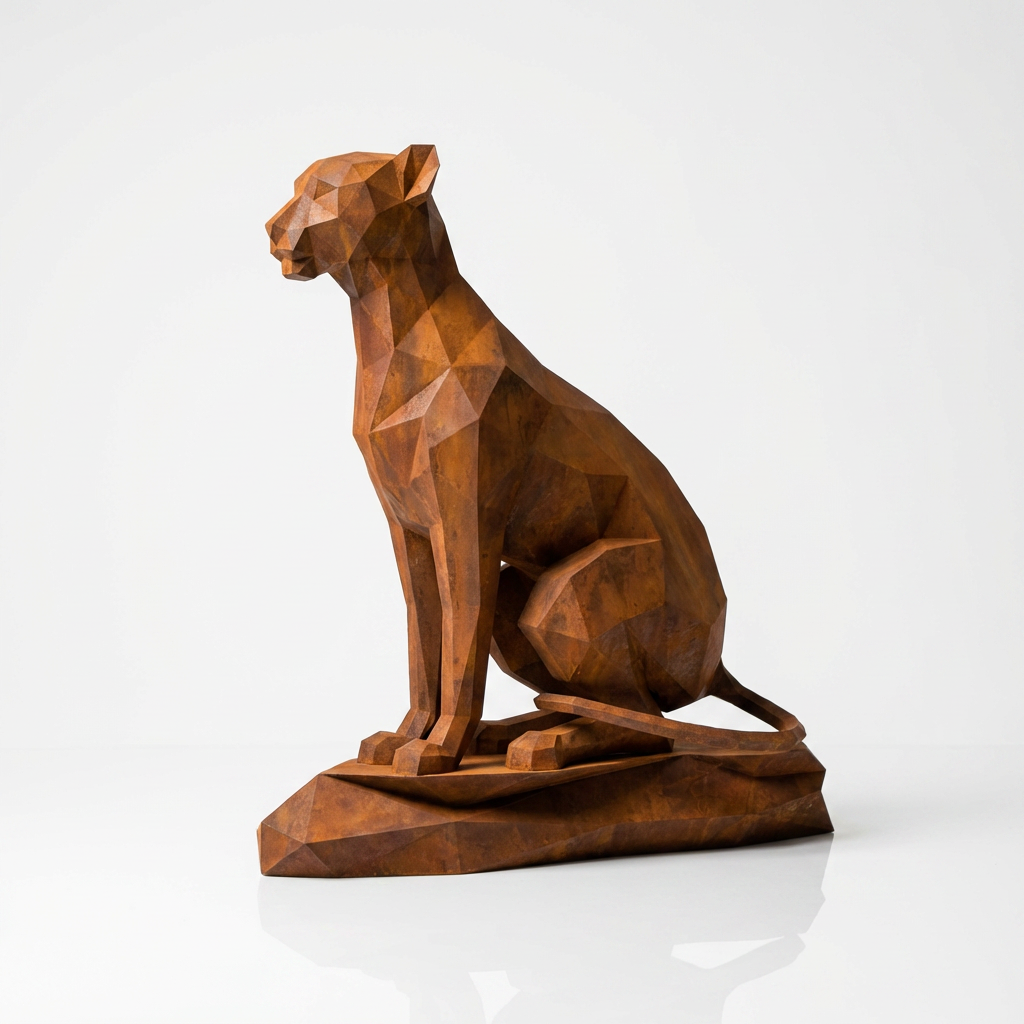 Grande Sculpture Origami Guépard Assise en Corten
