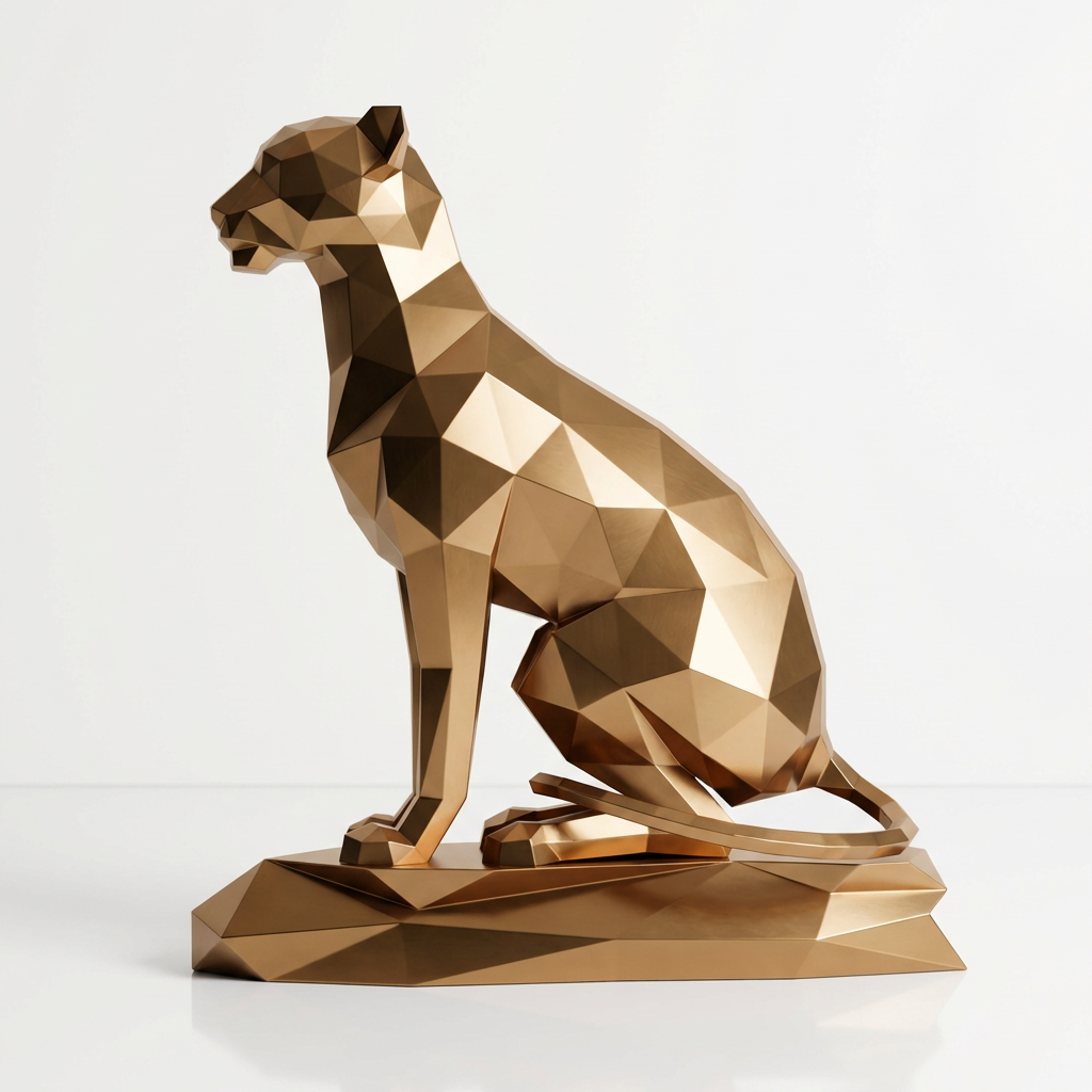 Grande Sculpture Origami Guépard Assise en Inox Effet Bronze