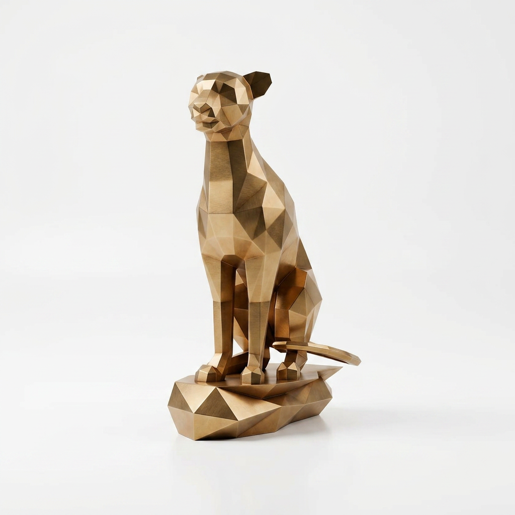 Grande Sculpture Origami Guépard Assise en Inox Effet Bronze