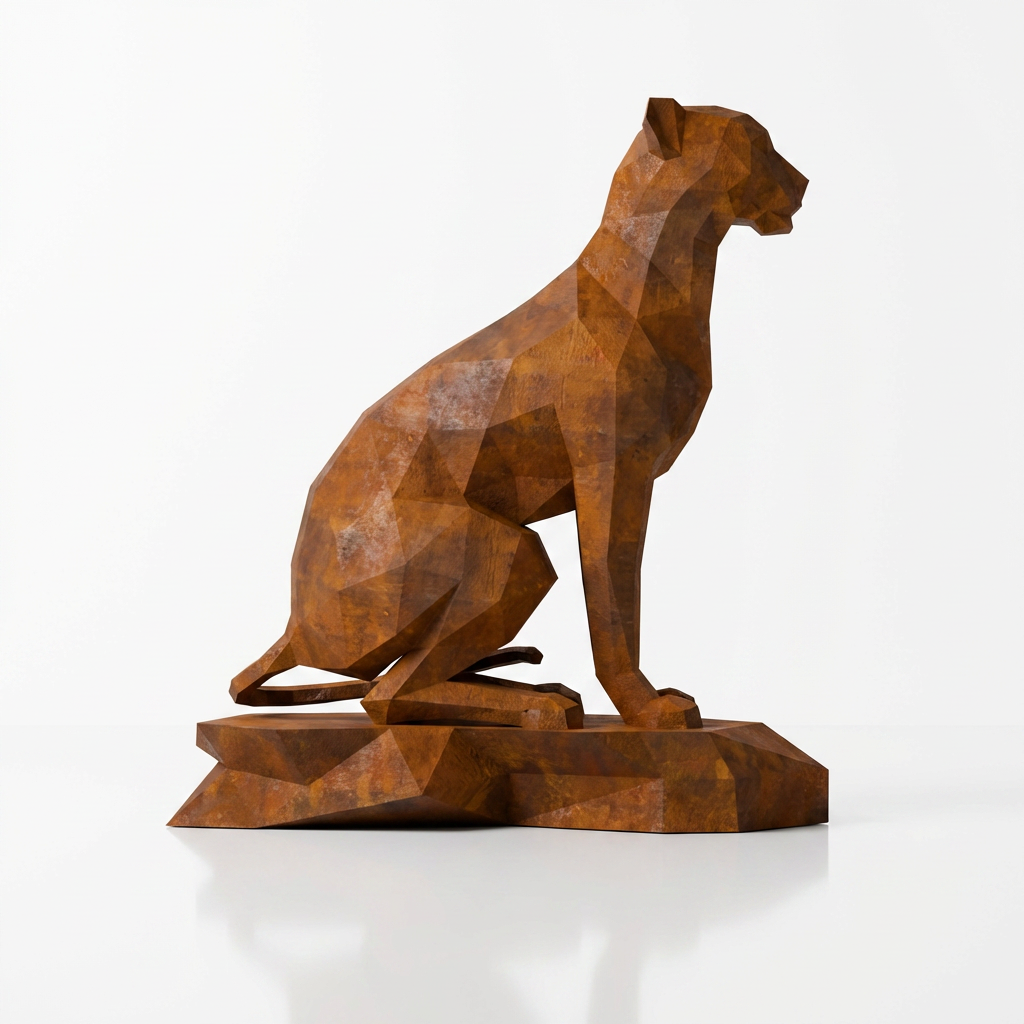 Grande Sculpture Origami Guépard Assise en Corten