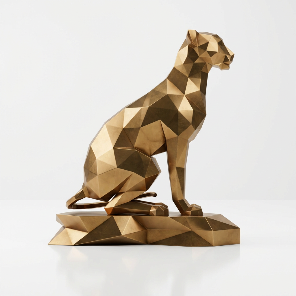Grande Sculpture Origami Guépard Assise en Inox Effet Bronze