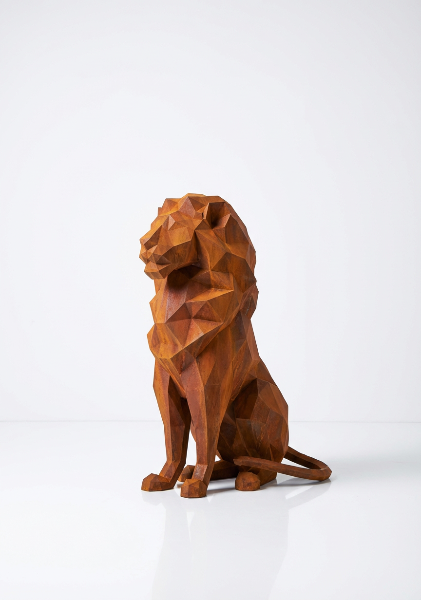 Grande Sculpture Lion Assis Polygone
