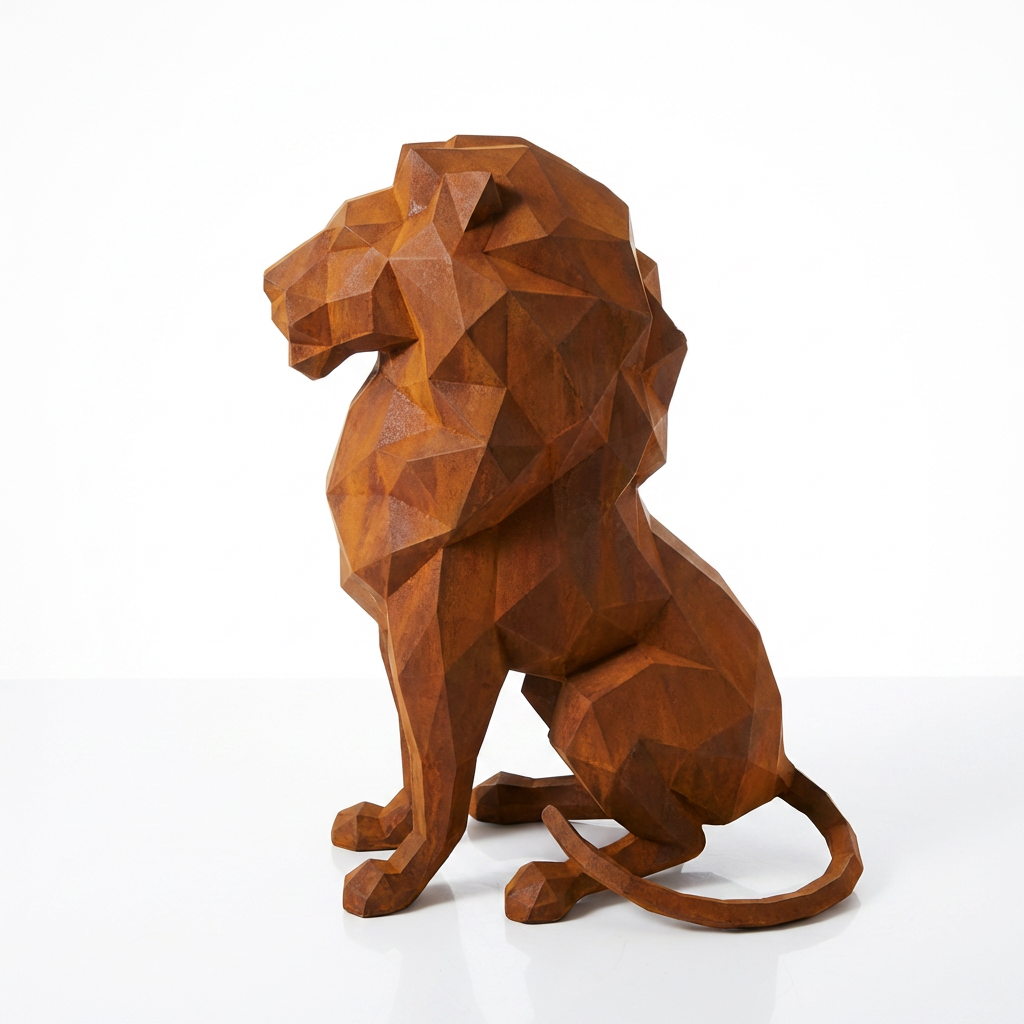 Grande Sculpture Lion Assis Polygone