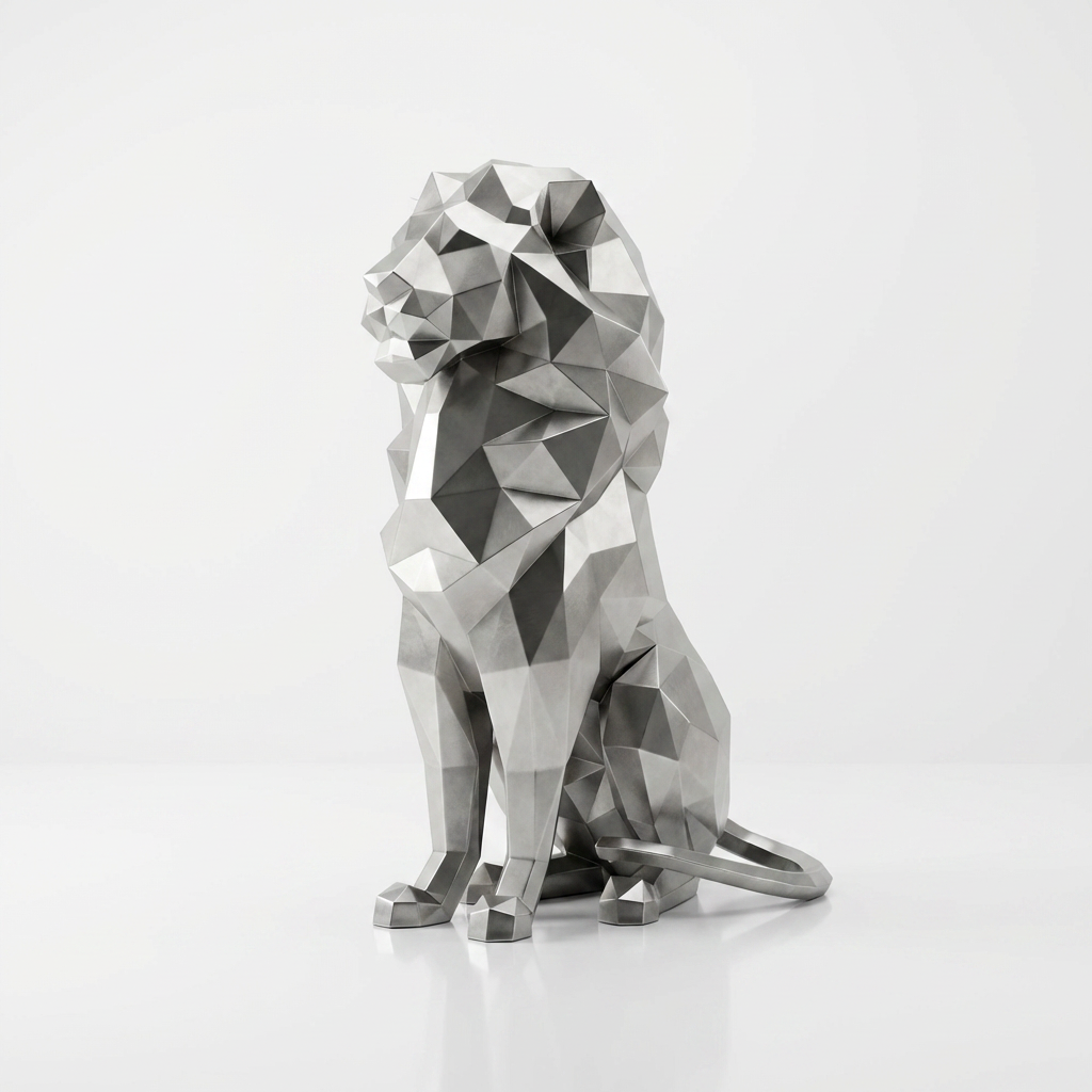 Grande Sculpture Lion Assis Polygone