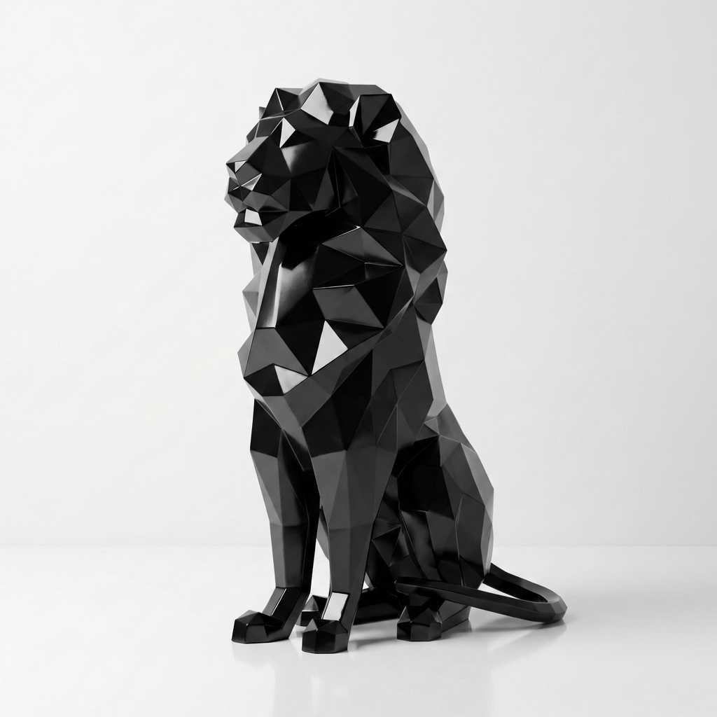 Grande Sculpture Lion Assis Polygone