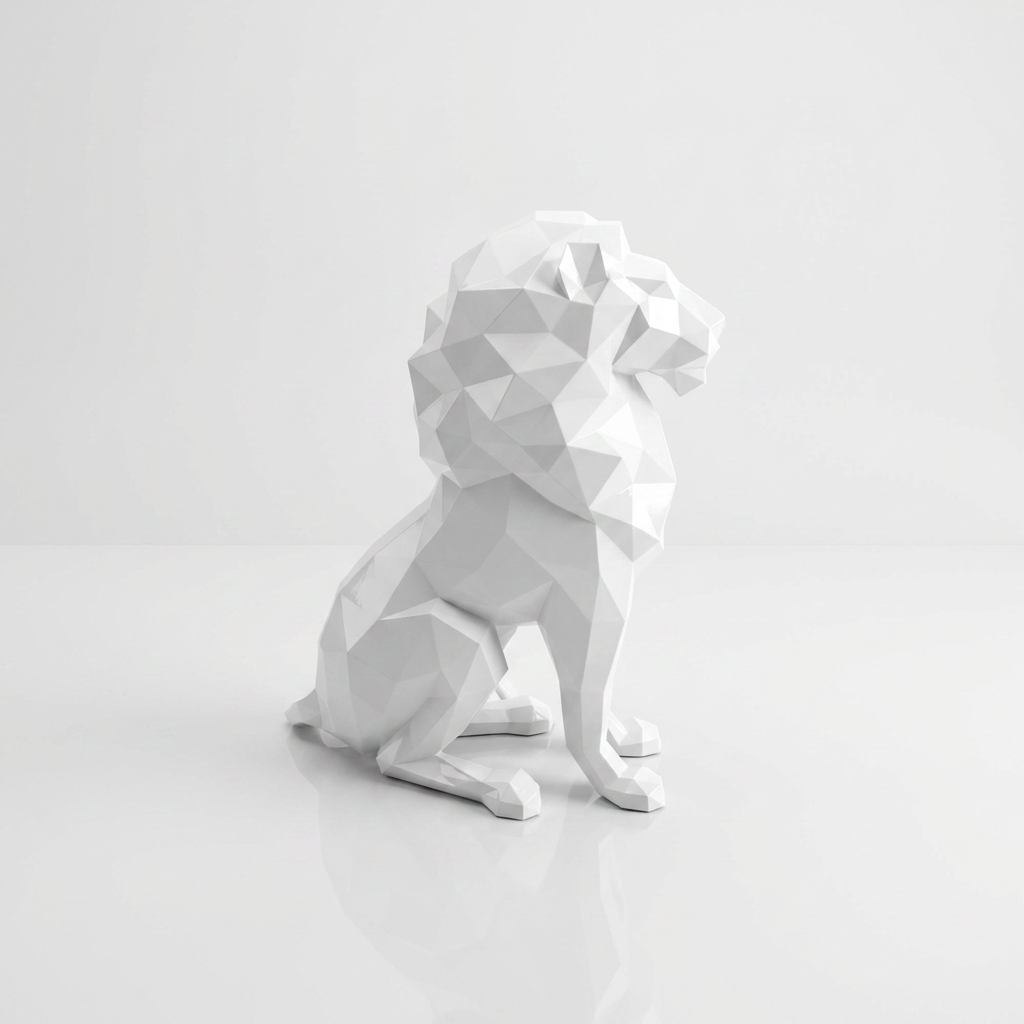 Grande Sculpture Lion Assis Polygone