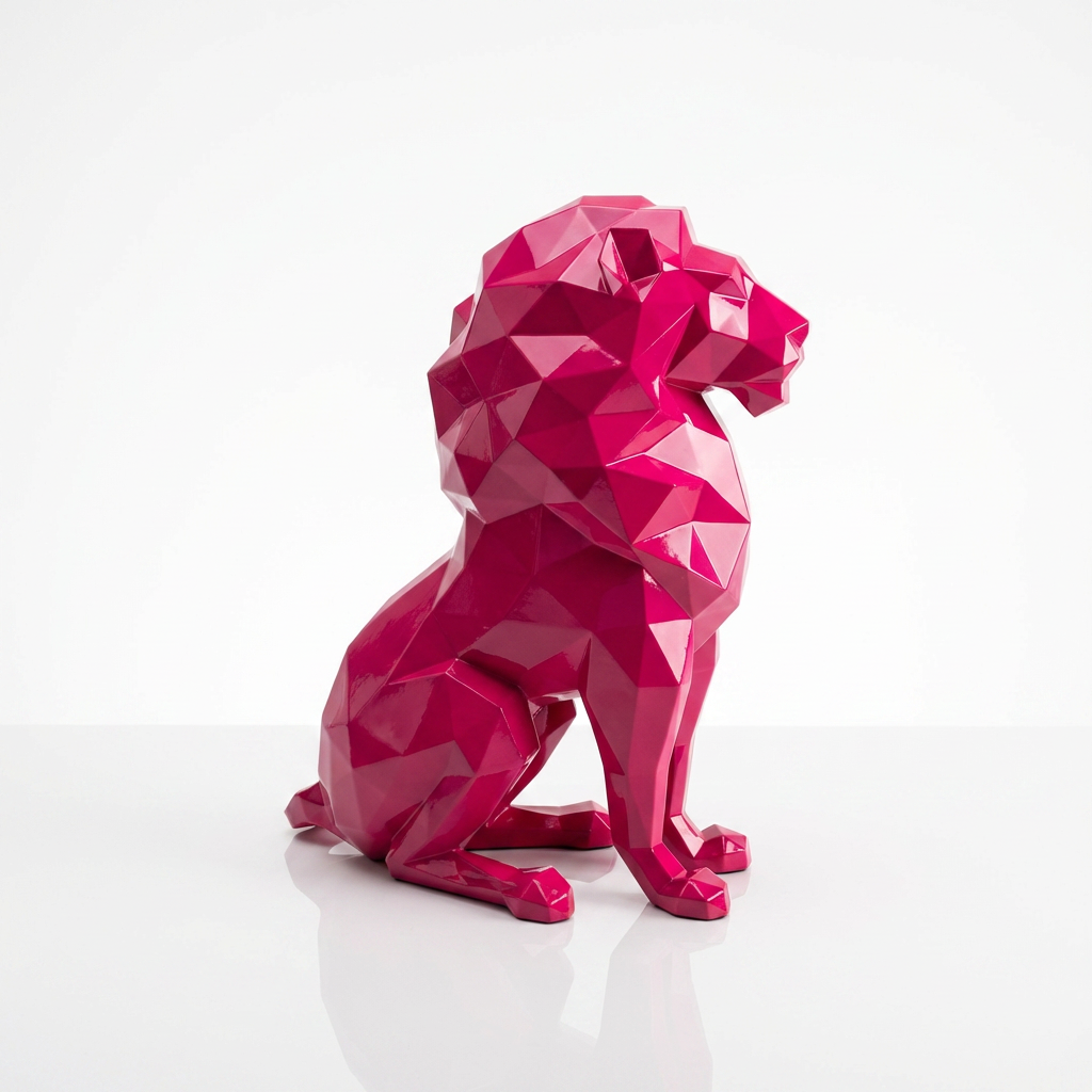 Grande Sculpture Lion Assis Polygone