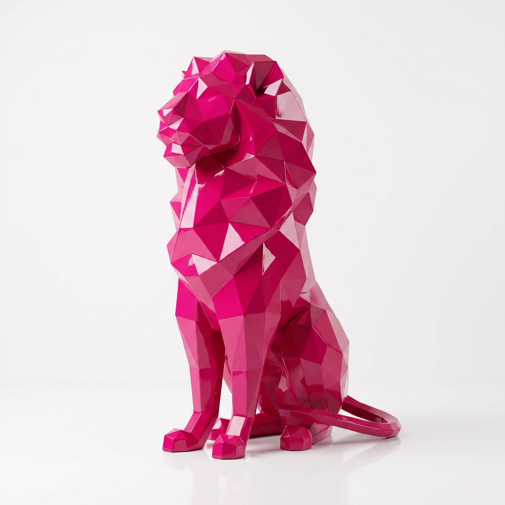 Grande Sculpture Lion Assis Polygone