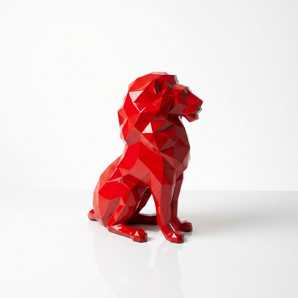 Grande Sculpture Lion Assis Polygone