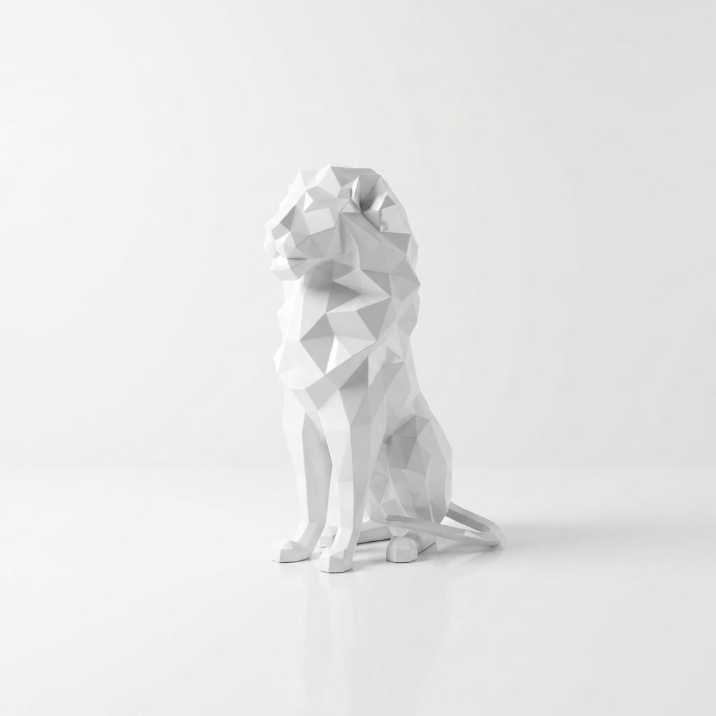 Grande Sculpture Lion Assis Polygone