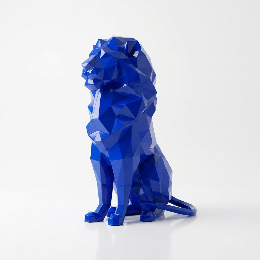 Grande Sculpture Lion Assis Polygone