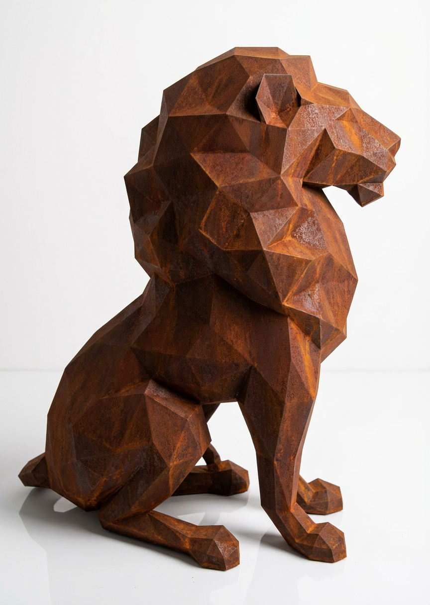 Grande Sculpture Lion Assis Polygone