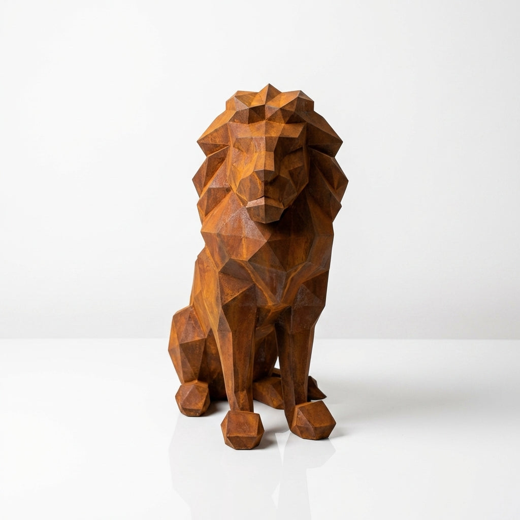 Sculpture Lion Polygone En Corten