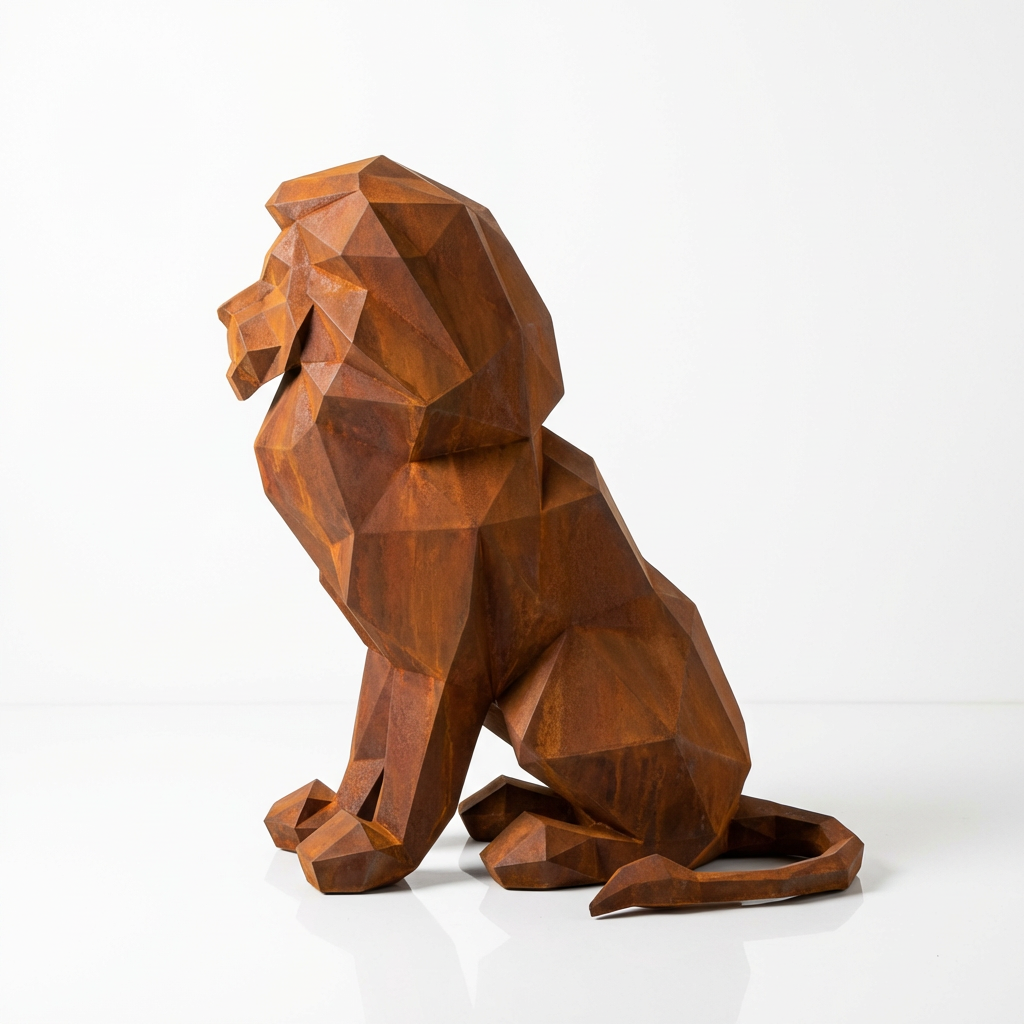 Sculpture Lion Polygone En Corten