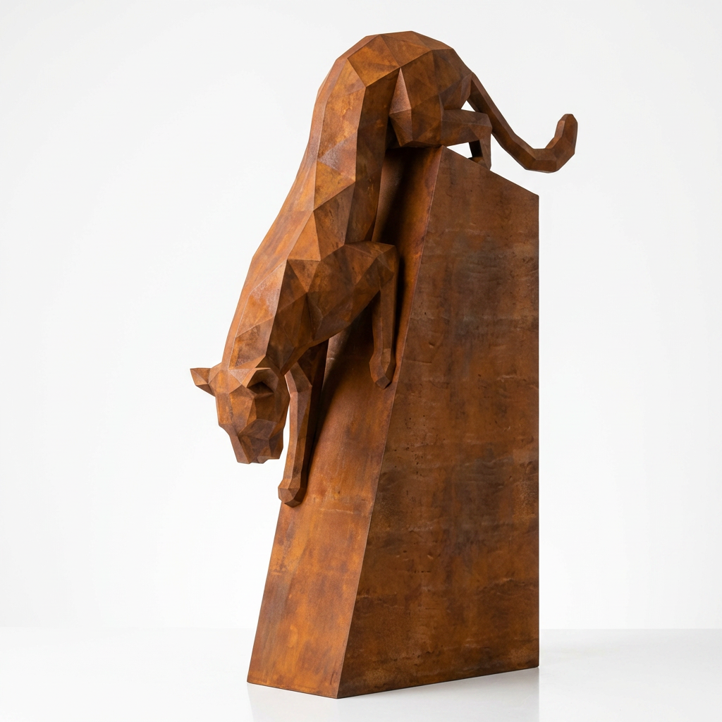 Grande Sculpture Origami Panthère en Descente en Corten